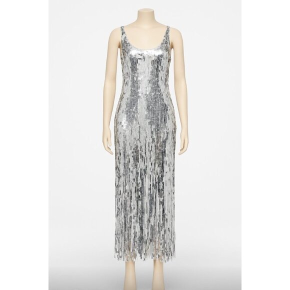 SIMKHAI Ayala Gown Silver Sequin Fringe Dress NWT  - Size 2 - Picture 1 of 16